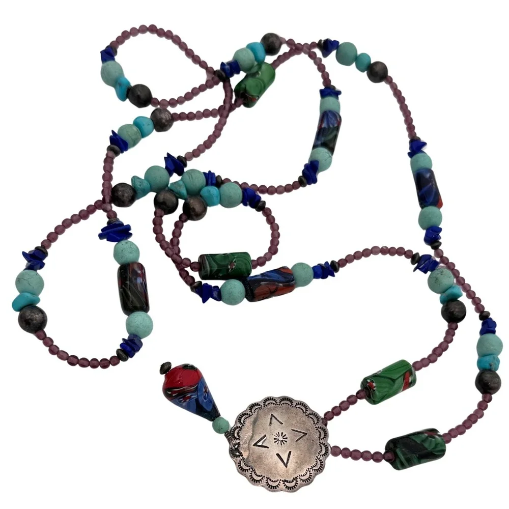 Signed‎ Carlisle Sterling Necklace Beads Gemstones Star Native American Rare 53